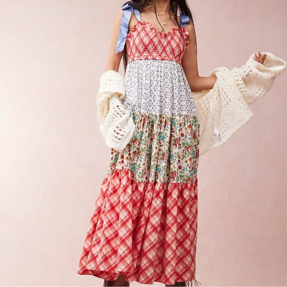 Free People Dresses & Skirts - Free People Red, White and Blue Patchwork Tiered Maxi Dress